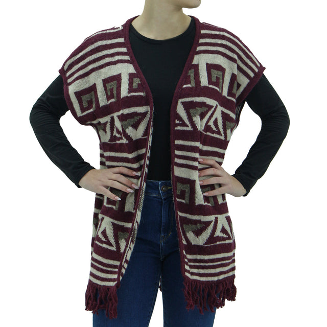 Image for Women's Knitted Fringe Cardigan Sweater,Beige/Burgundy