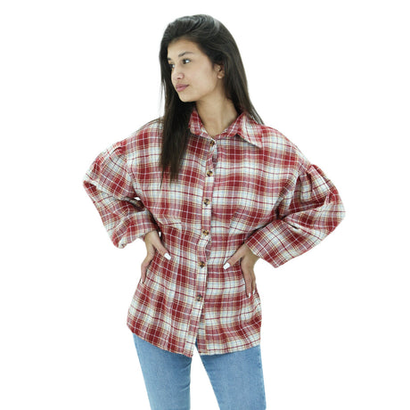 Image for Women's Checkered Casual Shirt,Red/Beige