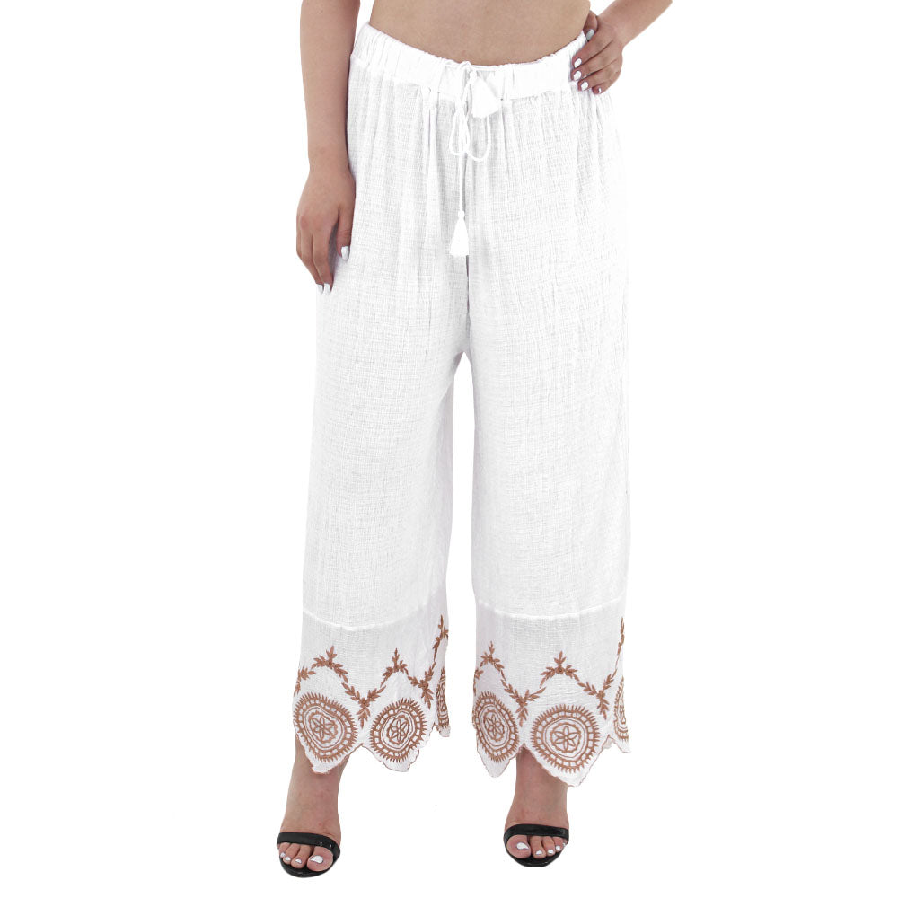 Image for Women's Wide Embroidered Leg Pant,White