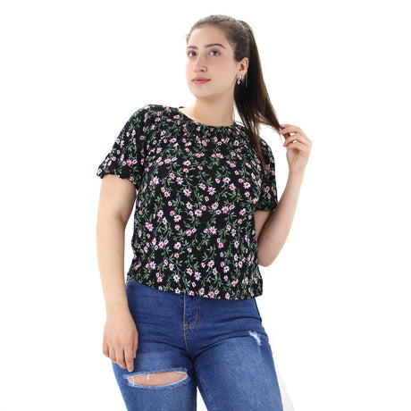 Image for Women's Open Back Chiffon Floral Top,Black