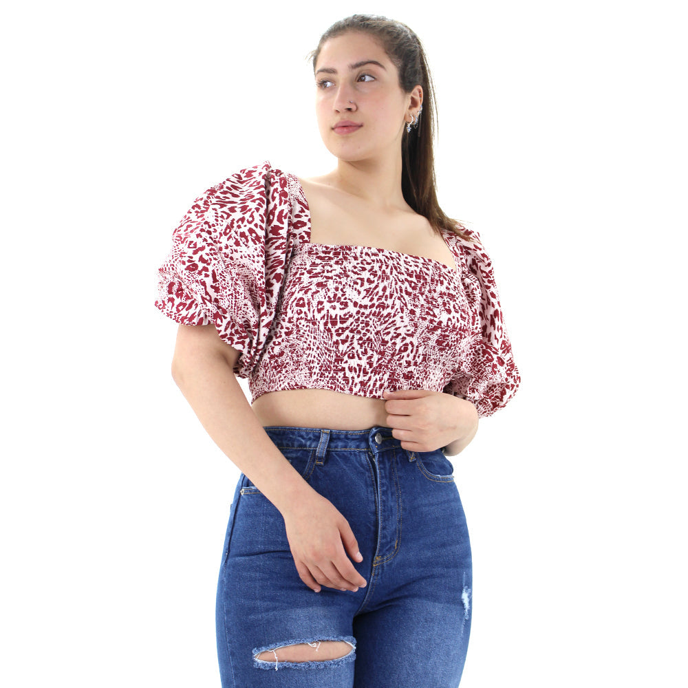 Image for Women's Printed Smocked Crop Top,Burgundy