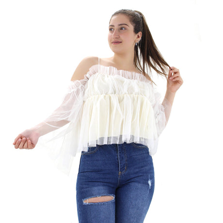 Image for Women's Cold Shoulder Chiffon Top,Cream