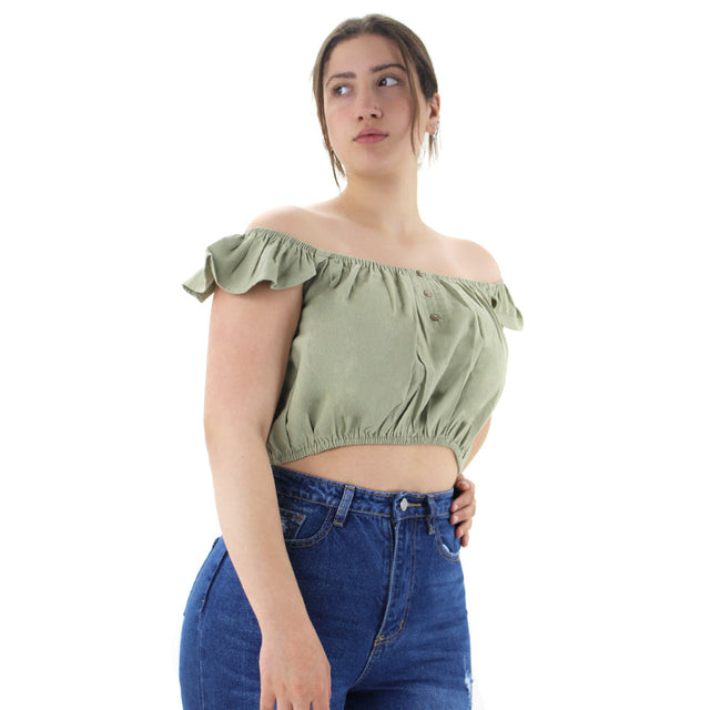 Image for Women's Frill Denim Crop Top,Olive