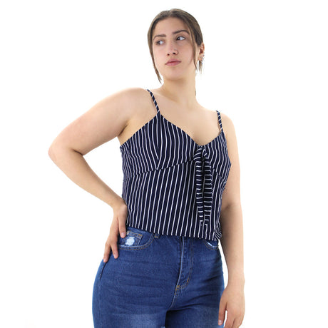 Image for Women's Striped V-Neck Crop Top,Navy