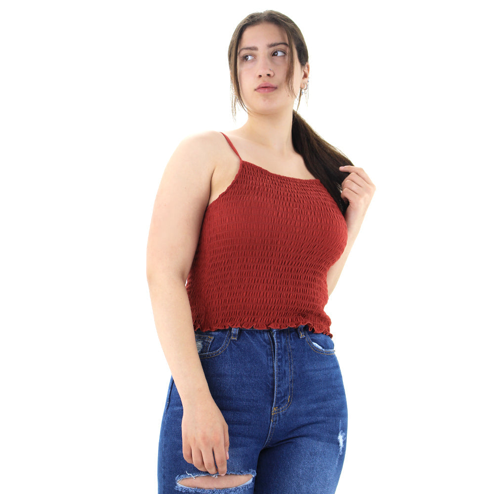 Image for Women's Stertch Smocked Crop Top,Brick