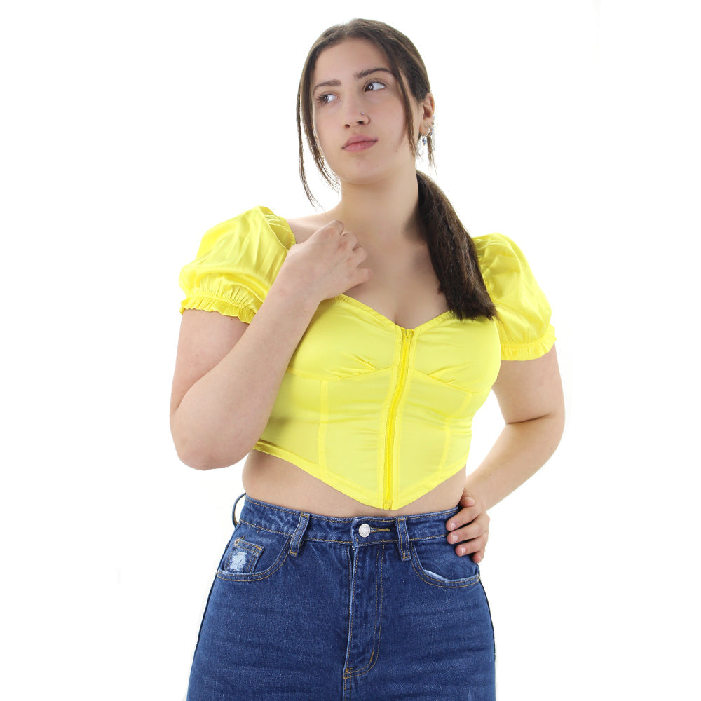 Image for Women's Zip Front Satin Crop Top,Yellow