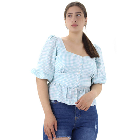 Image for Women's Checked Puff Sleeve Top,Light Mint