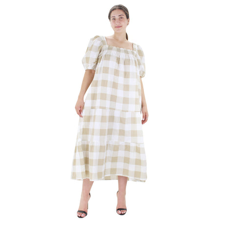 Image for Women's Plaid Smocked Dress,Beige/White