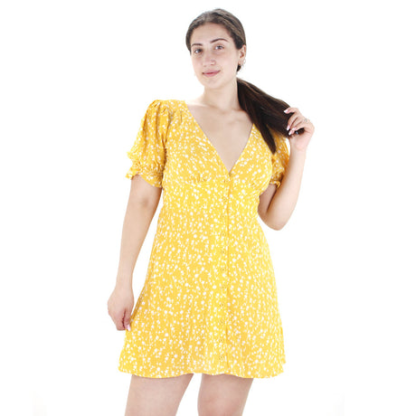 Image for Women's V-Neck Floral Shirt Dress,Yellow