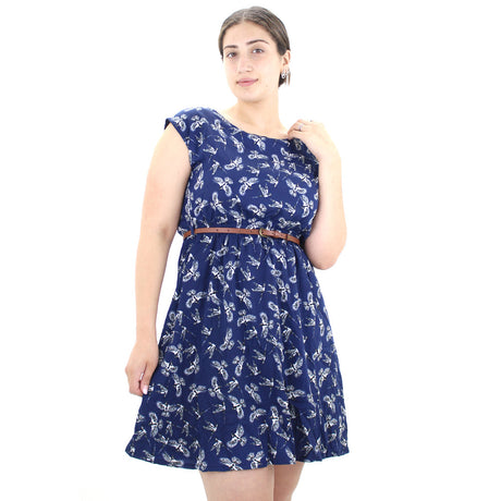 Image for Women's Birds Printed Dress With Belt,Navy