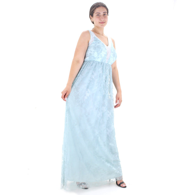 Image for Women's Lace Panel V-Neck Long Dress,Aqua