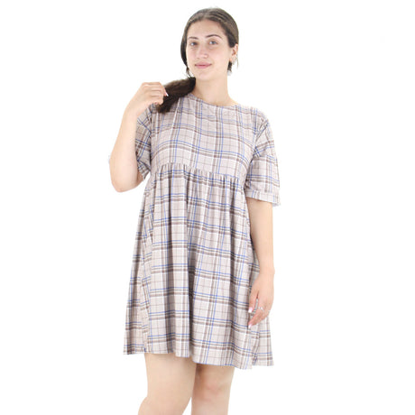 Image for Women's Checked Short Sleeve Dress,Greige