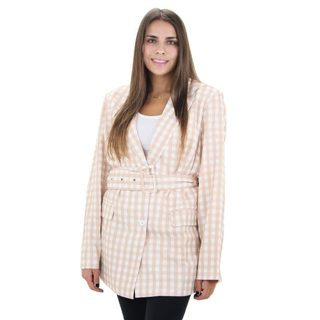 Image for Women's Plaid Belted Blazer,Beige/White