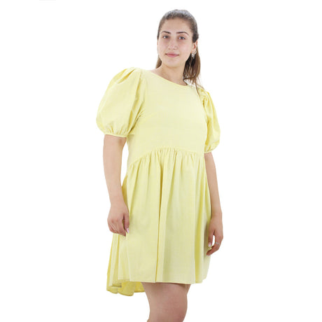 Image for Women's Open Back Puff Sleeve Solid Dress,Yellow