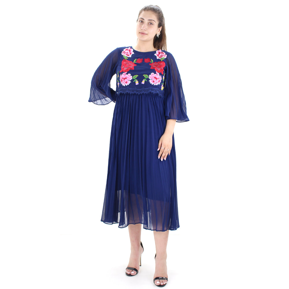 Yumi Navy Long Sleeve Embroidered Midi Dress With Pleats