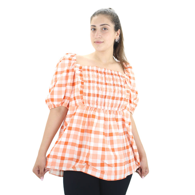 Image for Women's Shirred Check Peplum Top,Orange