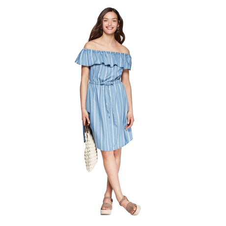 Image for Women's Striped Ruffle Off Shoulder Neck Dress,Light Blue
