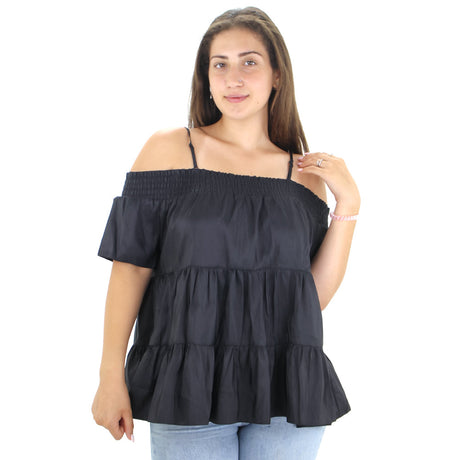 Image for Women's Ruffled Cold Shoulder Top,Black