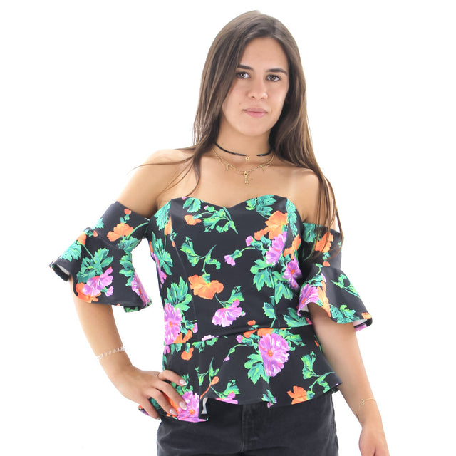 Image for Women's Off Shoulder Floral Ruffle Hem Top,Black