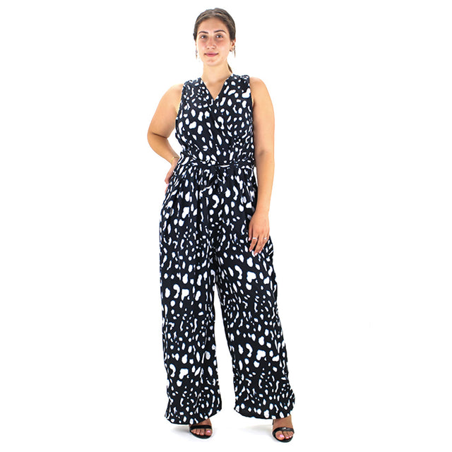 Image for Women's Belted Printed Wide Leg Jumpsuit,Black