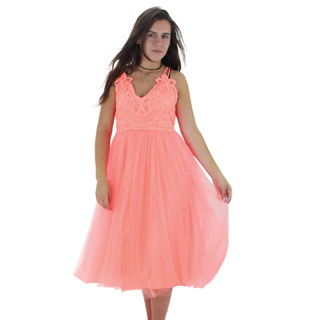 Image for Women's Lace Top Tulle Cami Midi Dress,Neon Orange