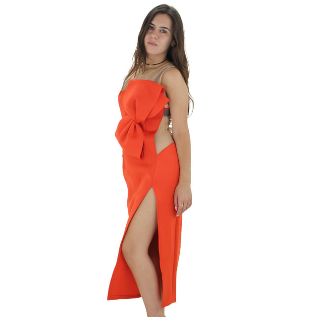 Image for Women's Bow Front Mesh Side Midi Dress,Orange