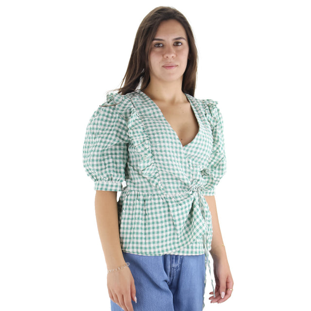 Image for Women's Checked Frill Collar Tie Side Top,Green