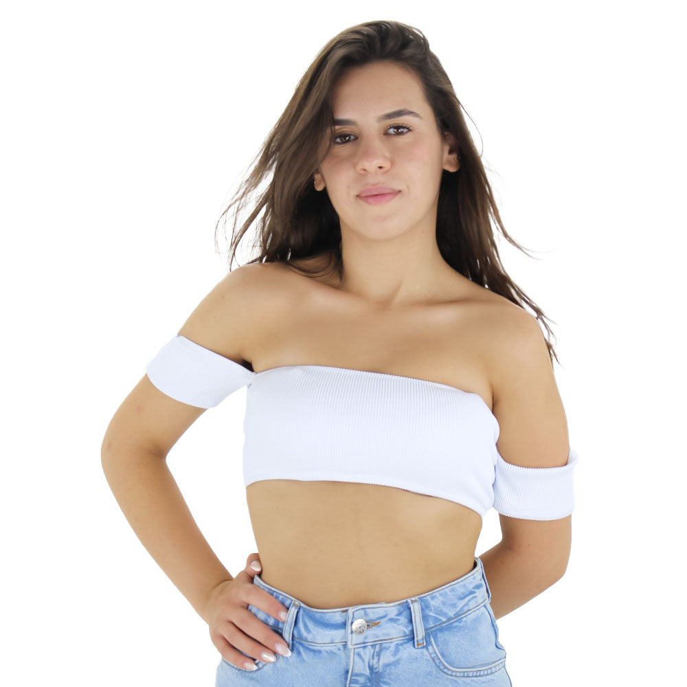 Image for Women's Ribbed Off Shoulder Crop Top,White