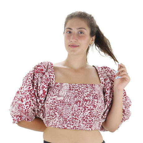 Image for Women's Printed Puff Sleeve Crop Top,Burgundy