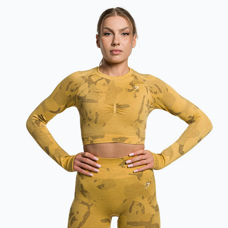 Image for Women's Printed Open Back Sport Top,Mustard