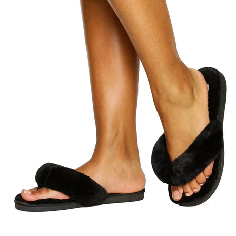 Image for Women's faux fur thong slippers,Black