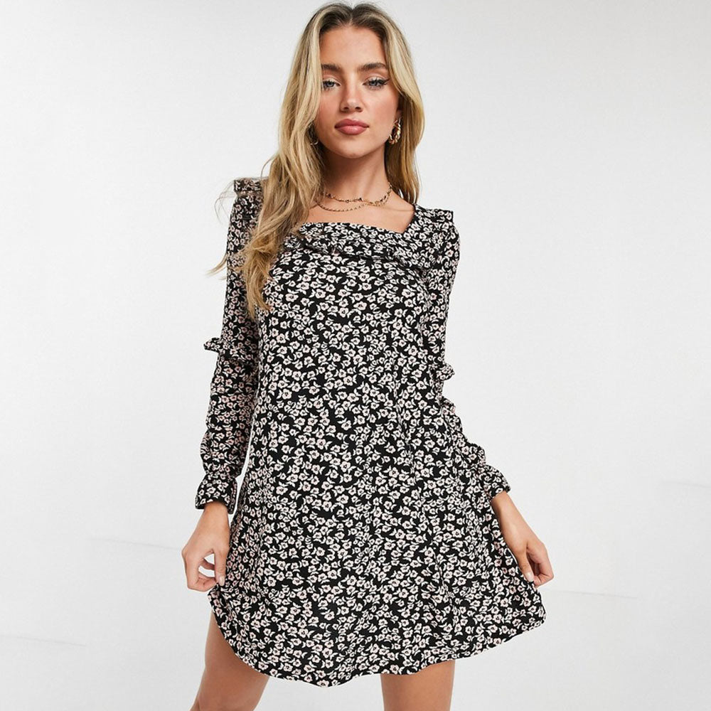 Image for Women's Floral Dress With Ruffle Detail,Black
