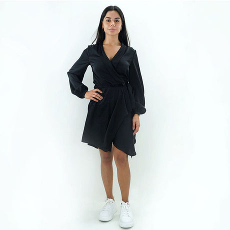 Image for Women's Plain Satin Ruffled Dress,Black
