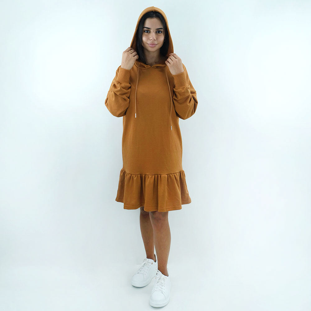 Image for Women's Plain Hooded Ruffled Dress,Camel