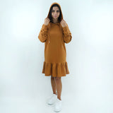 Image for Women's Plain Hooded Ruffled Dress,Camel