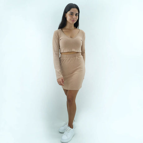 Image for Women's Ribbed 2 Pieces Crop Sweaters & Skirt Set,Nude