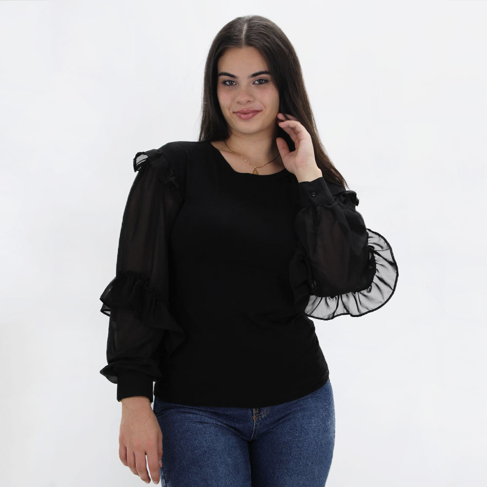 Image for Women's Plain Solid Ruffled Sleeve Top,Black