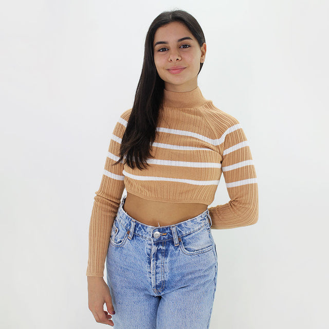 Image for Women's Striped High Neck Crop Sweater,Beige