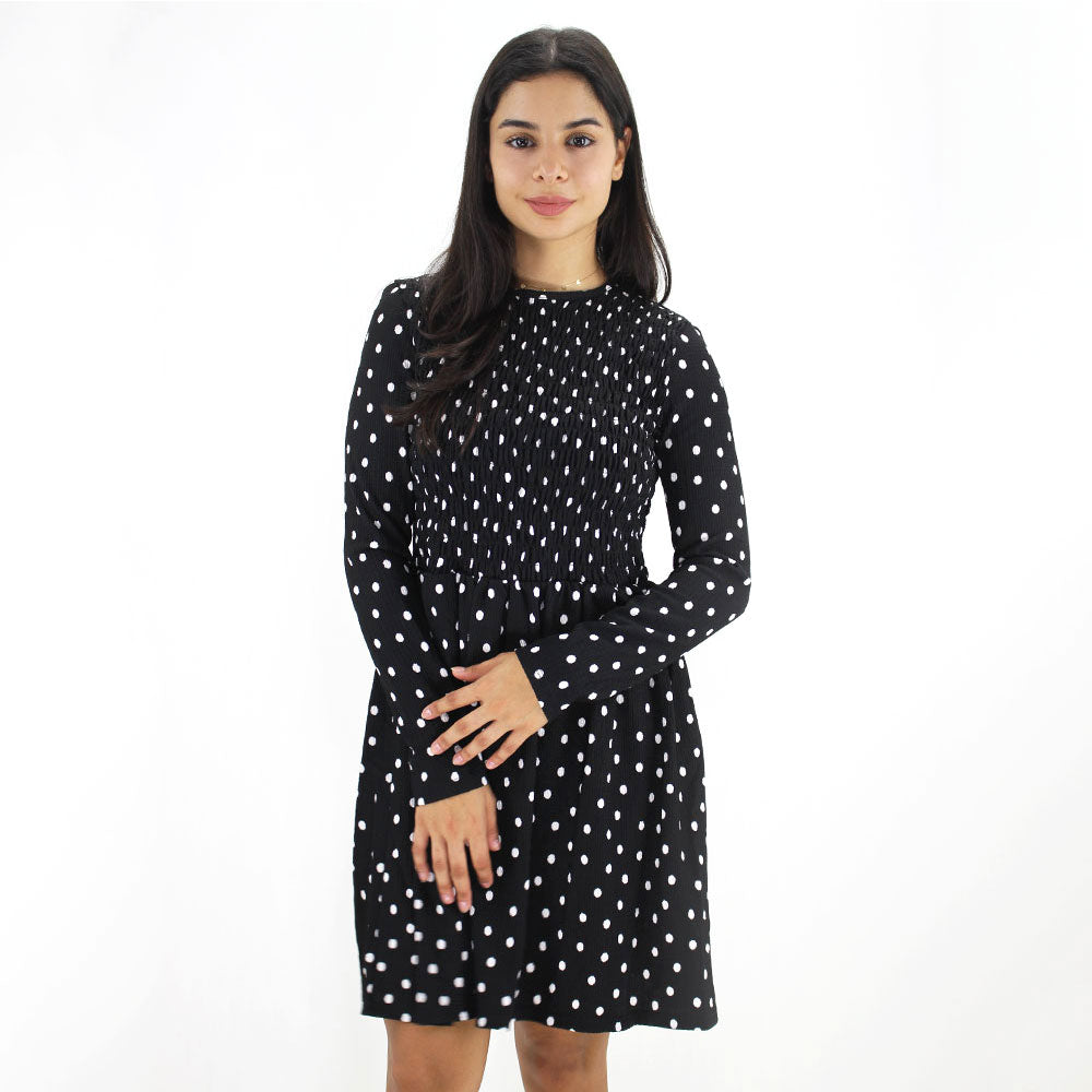 Image for Women's Smoked Polka Dots Dress,Black