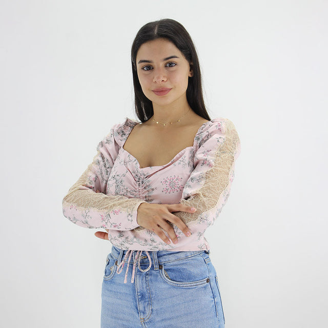 Image for Women's Lace Sleeve Pattrened Top,Light Pink