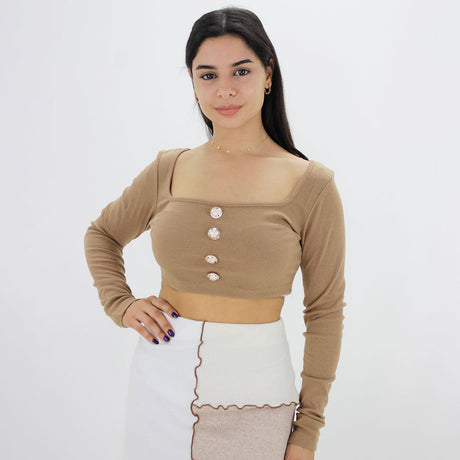 Image for Women's Plain Solid Crew Neck Crop Top,Light Brown