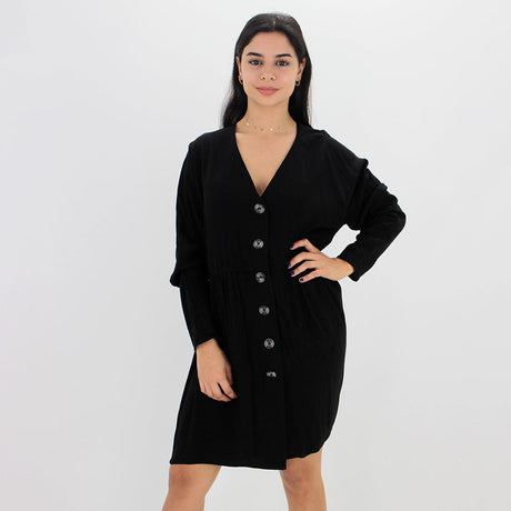 Image for Women's Plain Solid Button Flare Dress,Black