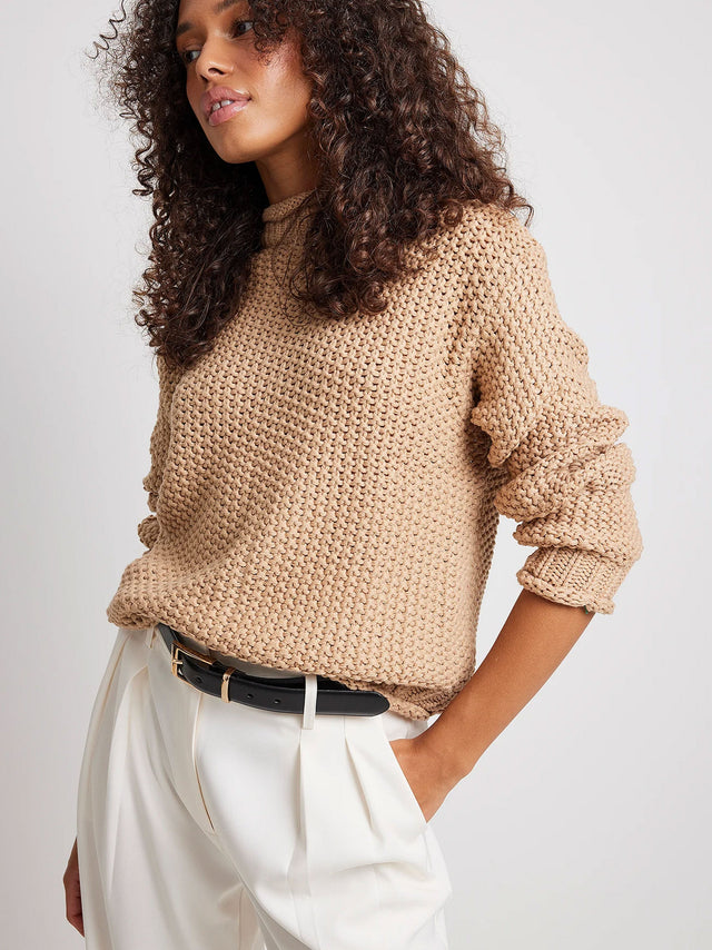 Image for Women's Waffle Knit High Neck Sweaters,Beige