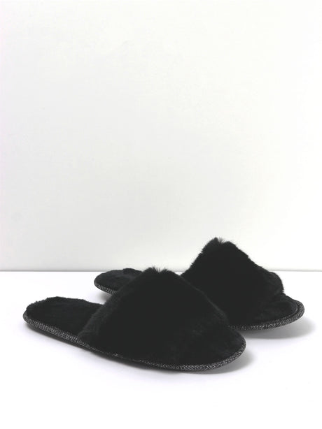 Image for Women's Faux Fur Rubber Sole Slippers,Black