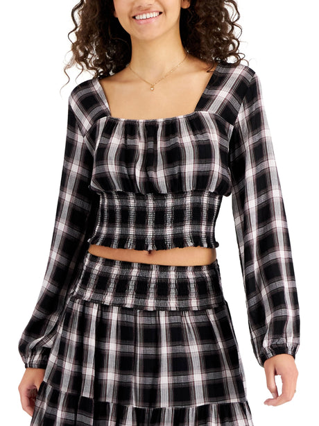 Image for Women's Plaid Square-Neck Smocked Top,Multi