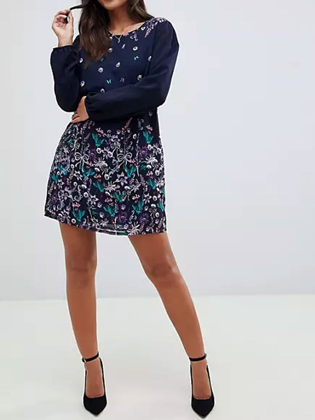 Image for Women's Crew Neckline Floral Dress,Navy