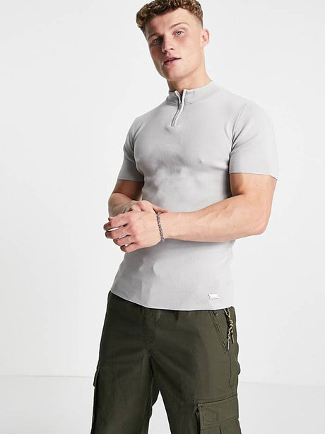 Image for Men's Half Zipper Ribbed Shirt,Grey