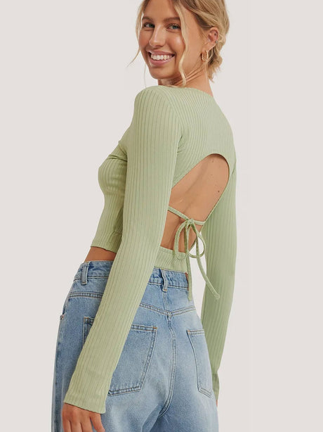 Image for Women's Ribbed Open Back Crop Top,Mint
