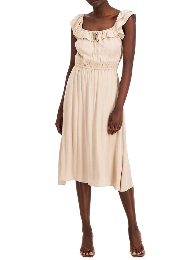 blue dress for baby girl Mitrika Beige Tiered Cotton Midi Dress with Puff Sleeves main image 1