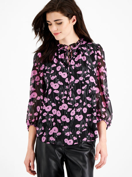 Image for Women's Floral Mesh Sleeve Top,Black/Purple